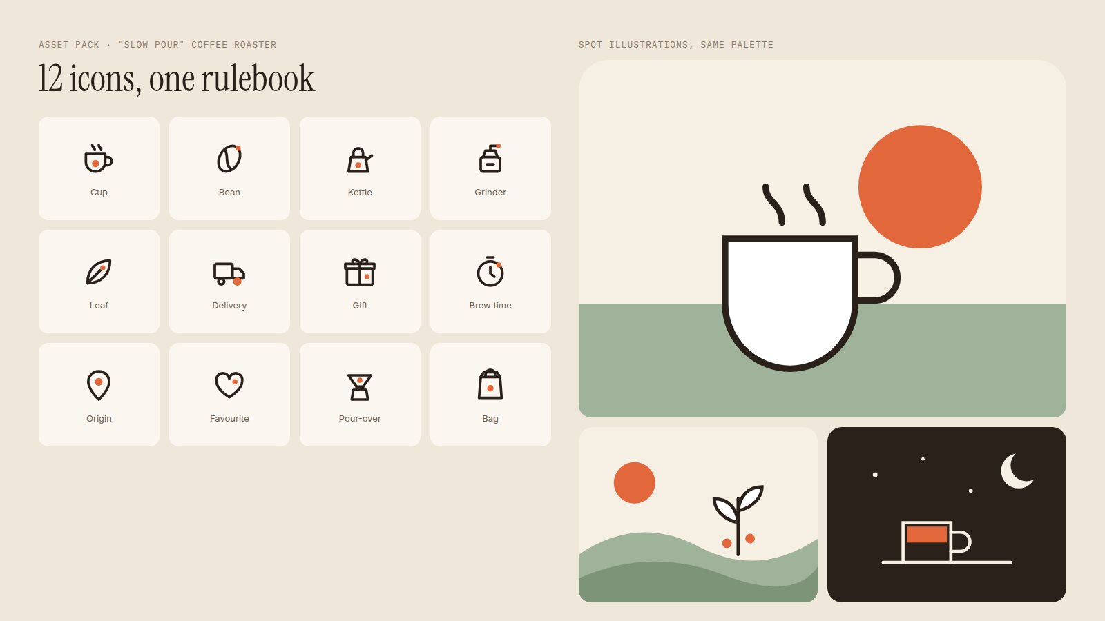 An asset pack for a coffee roaster: twelve matching line icons and three spot illustrations in one palette