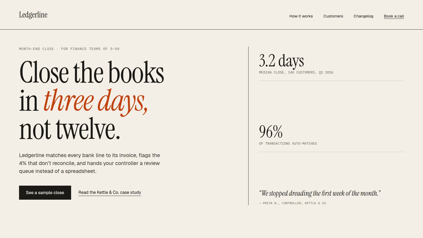 A considered landing page with an editorial serif headline, specific copy and real figures