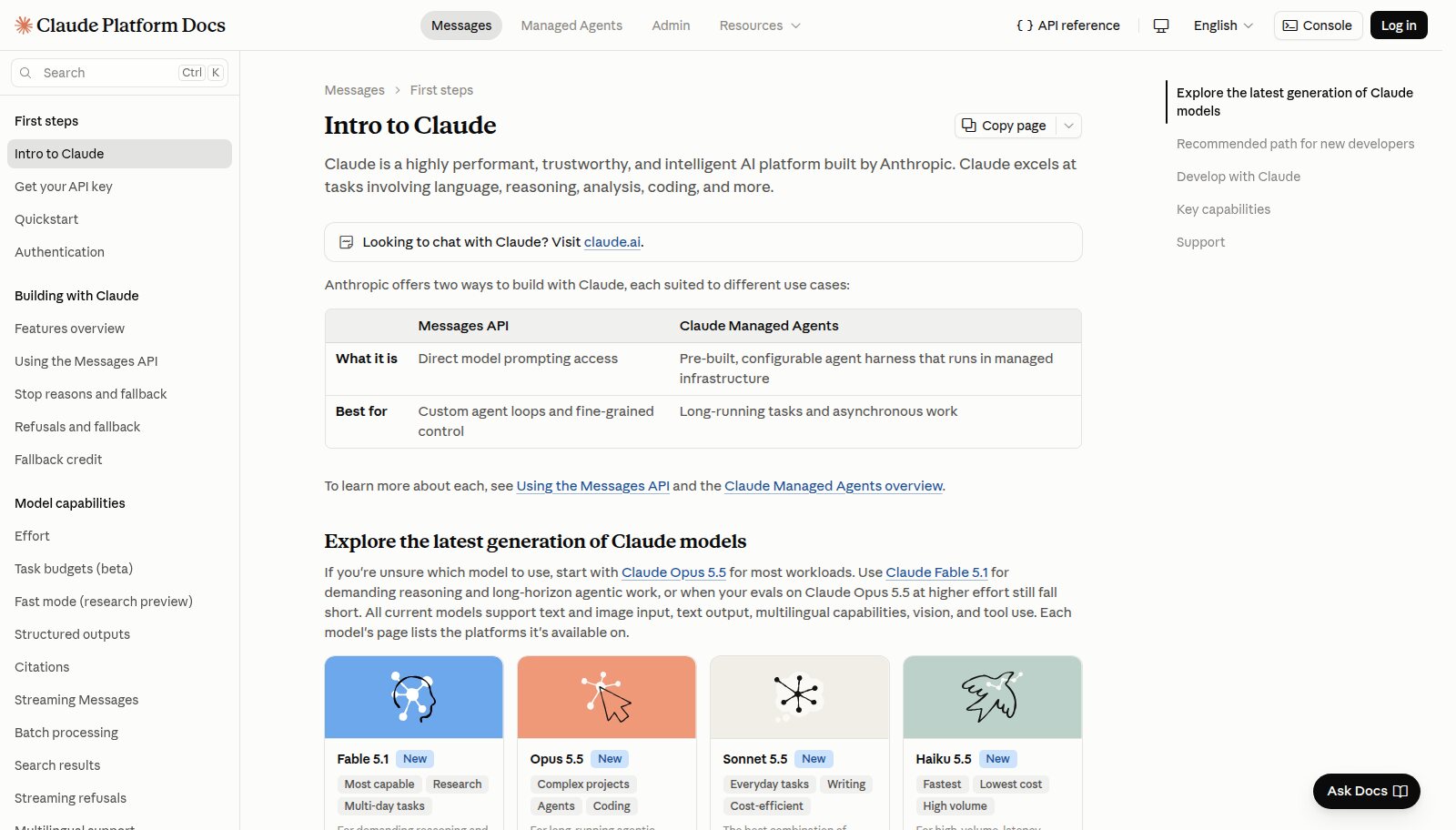 Claude Platform Docs with a Copy page button beside the page title