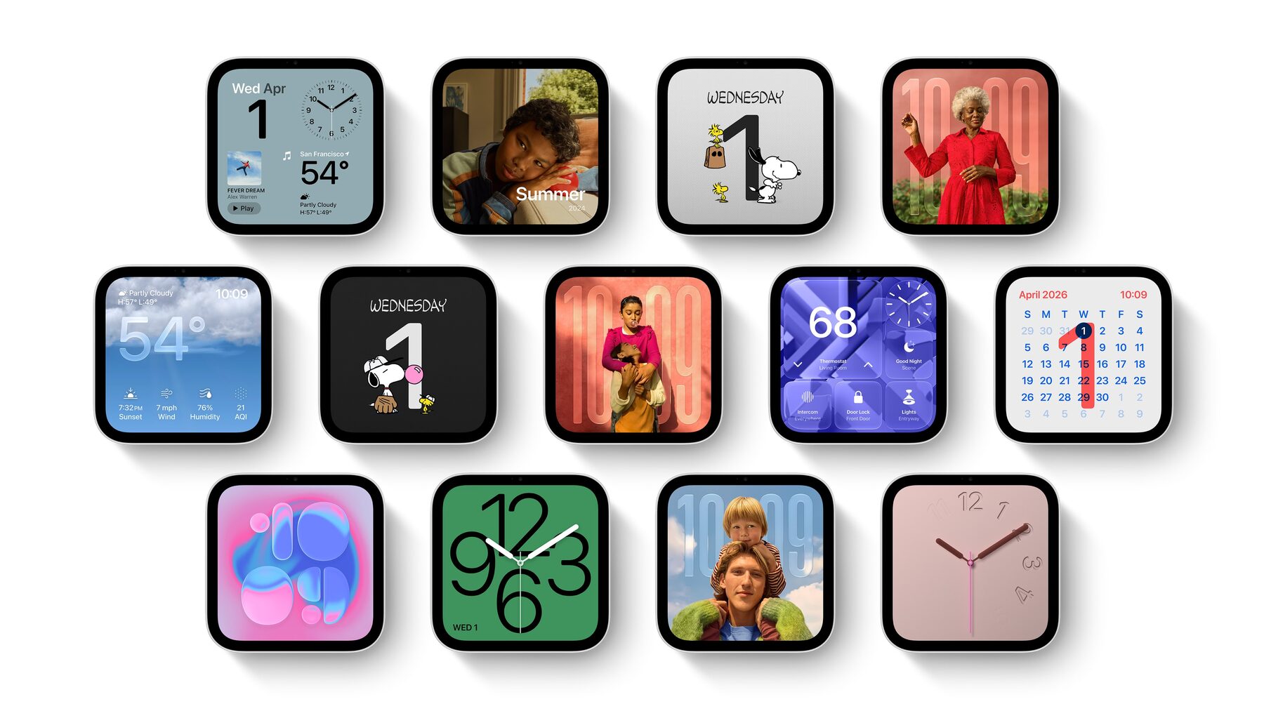 A grid of HomeView faces including clocks, weather, photos, Snoopy, home controls and calendar
