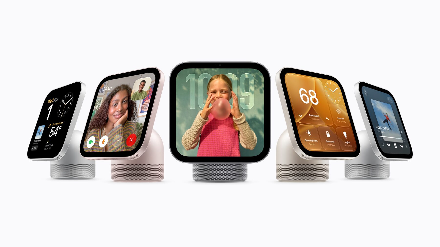 Apple HomeView lineup in five colours showing different faces