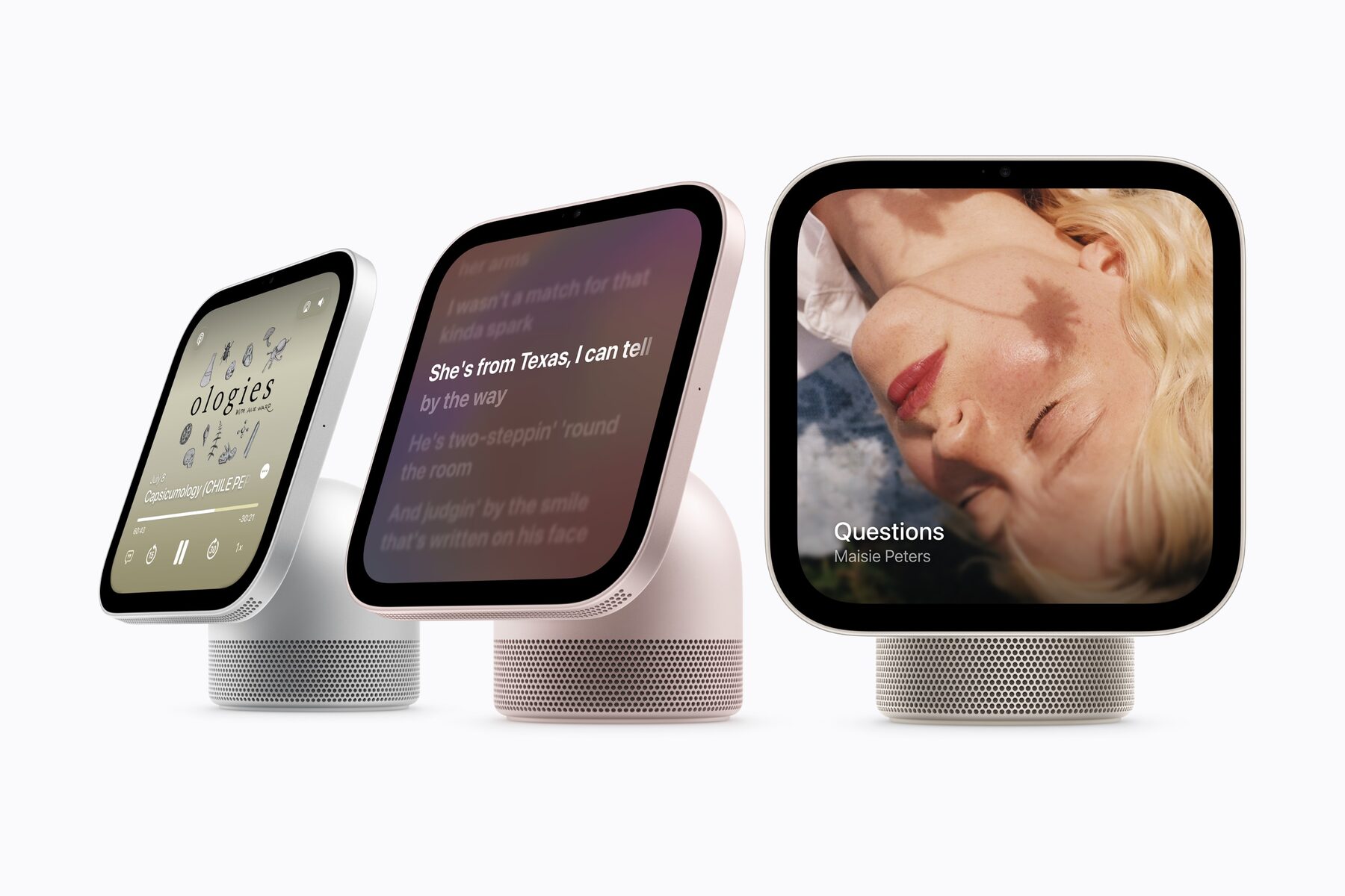 HomeView showing Apple Music lyrics and Apple Podcasts