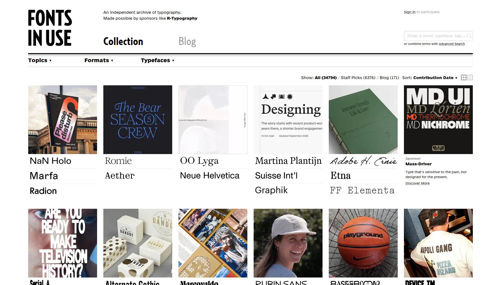 Fonts In Use archive showing typefaces used in posters, books and branding