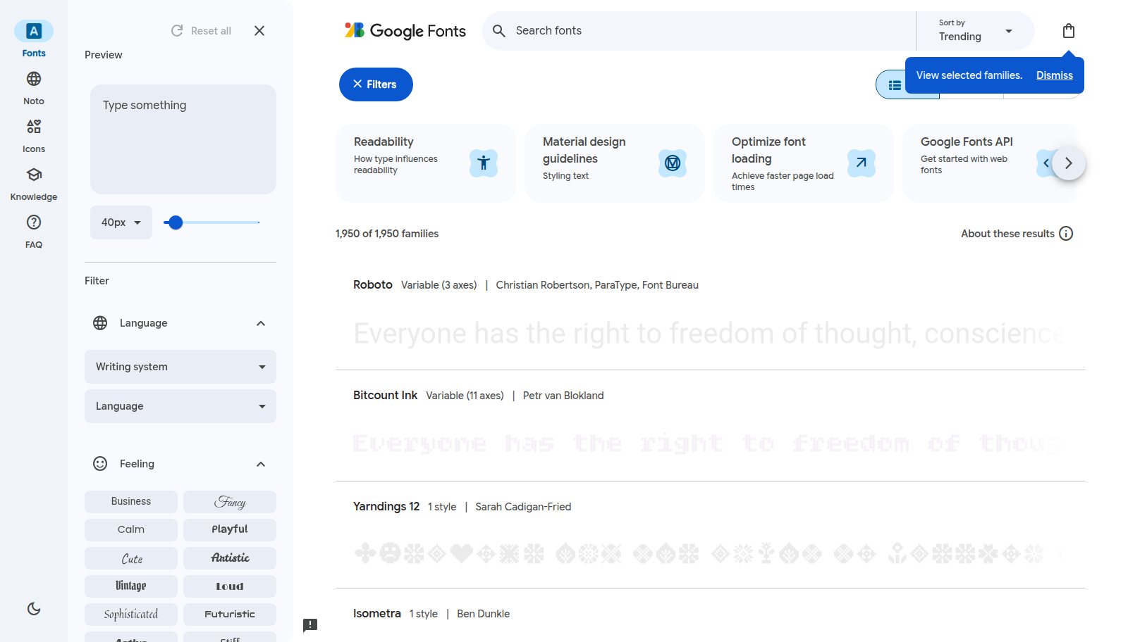 Google Fonts with the Feeling filter open