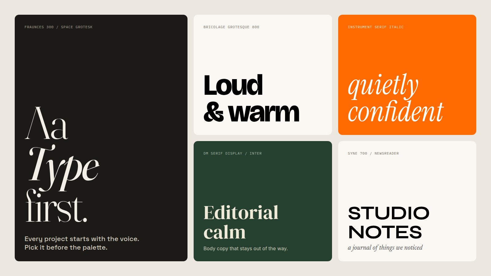 A board of type pairings: Fraunces, Bricolage Grotesque, Instrument Serif, DM Serif Display and Syne