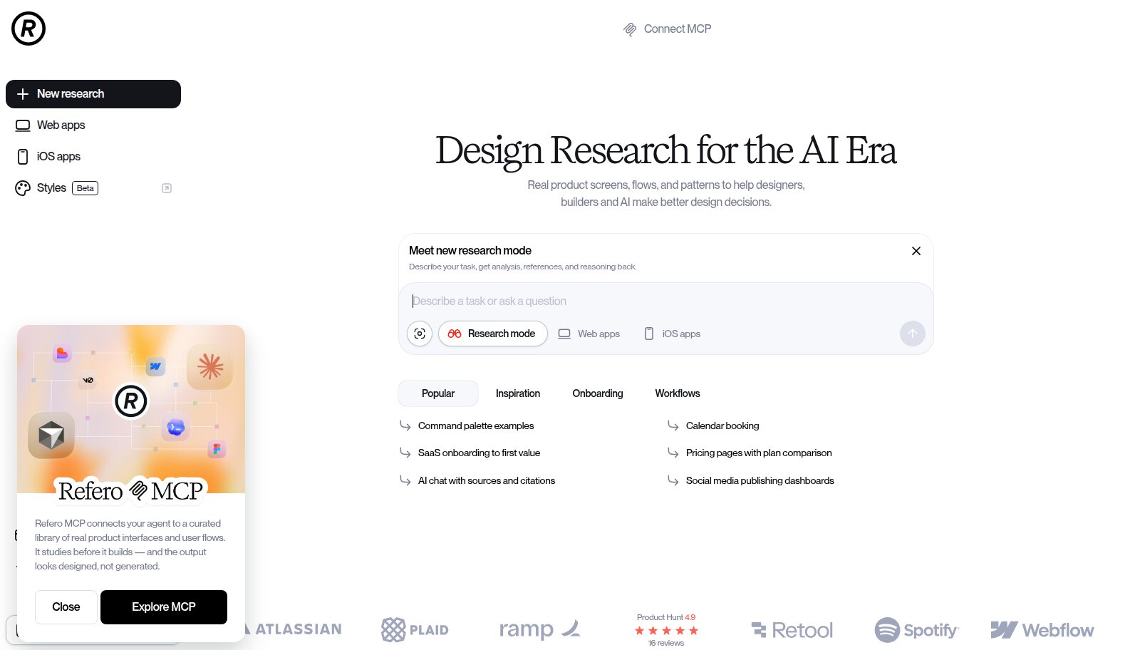 Refero homepage showing design research search