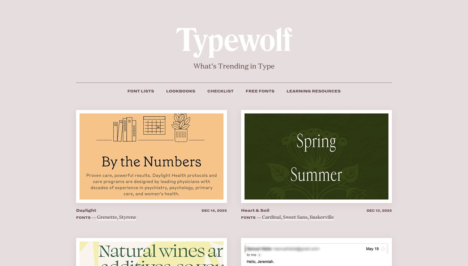 Typewolf homepage showing sites of the day with their fonts