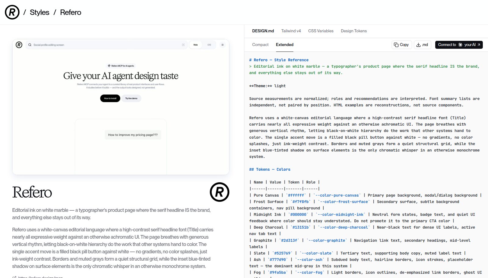 A DESIGN.md style reference describing typography, colour roles and principles