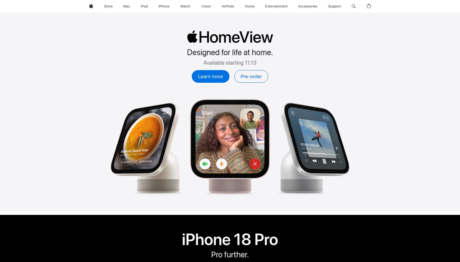 Apple homepage showing HomeView with a short headline and lots of space