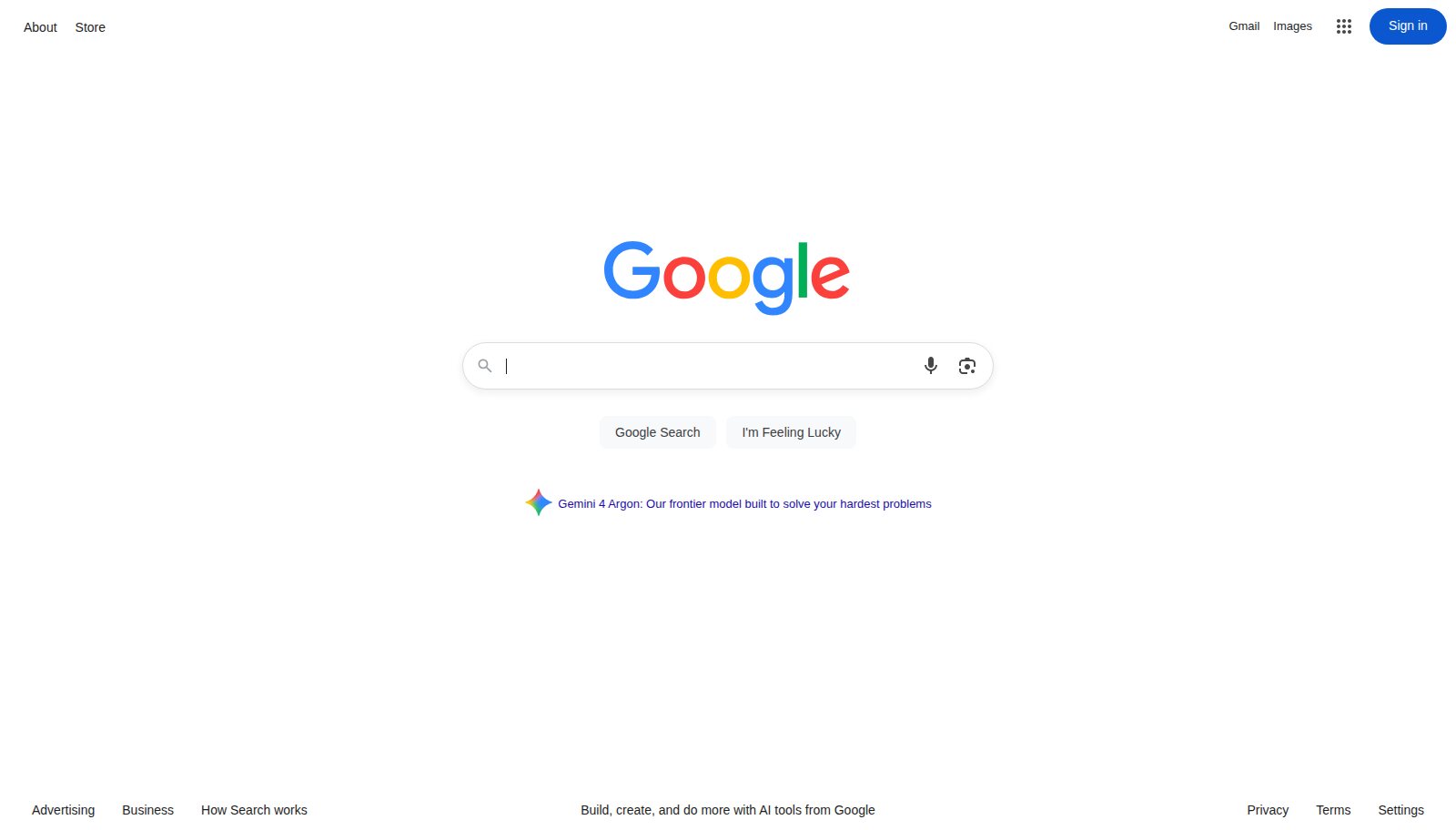 Google search homepage with a logo, search field and two buttons