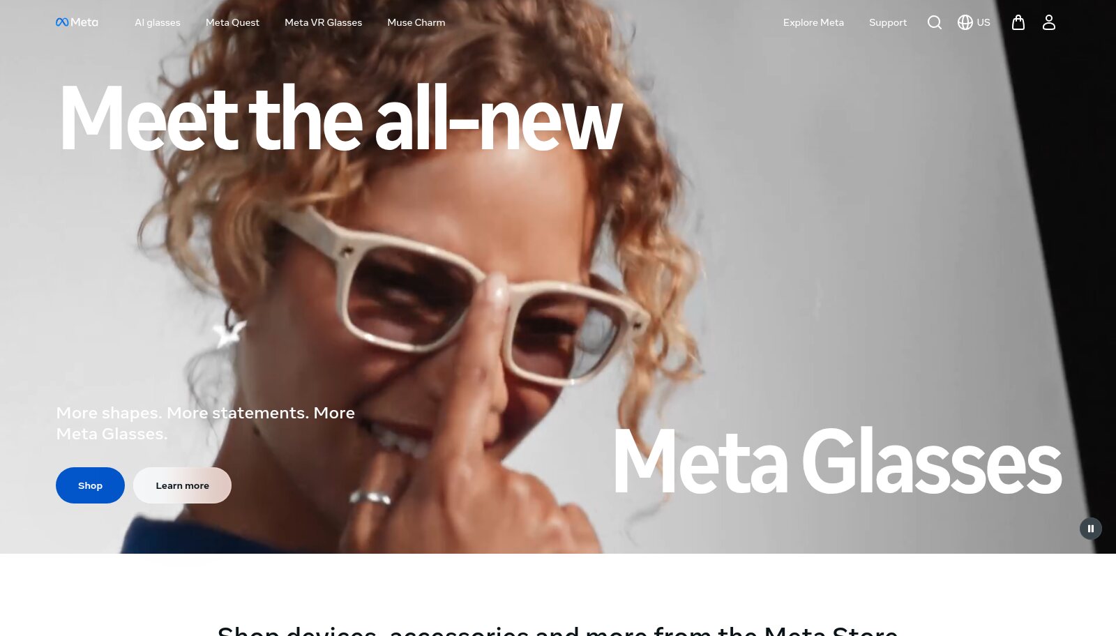 Meta glasses hero with full-bleed photography and minimal text